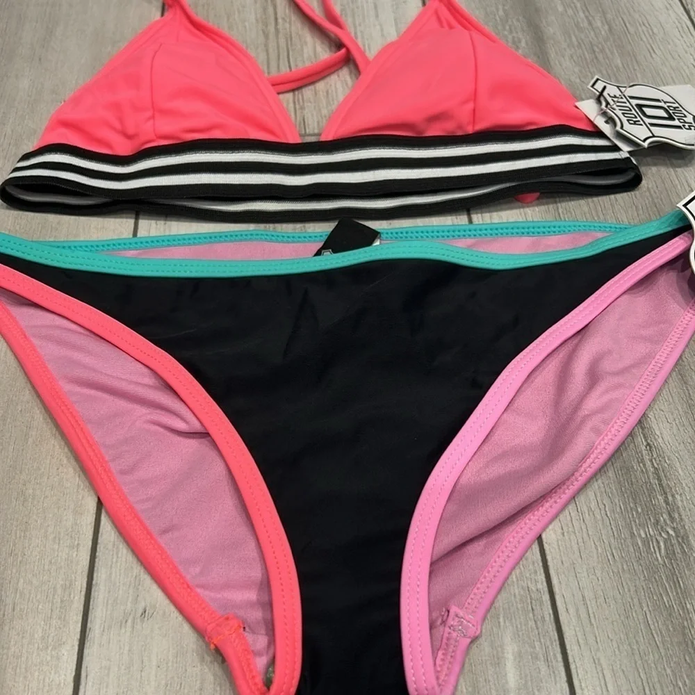 Route 101 Sport pink black bikini swim set size small
